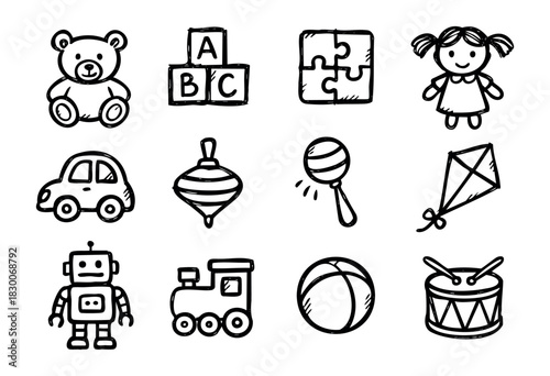 Hand-drawn doodle toy icons — teddy bear, puzzle, robot, and ball — stock vector.