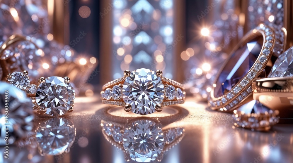 Fototapeta premium Sparkling diamond rings and jewelry on luxury display