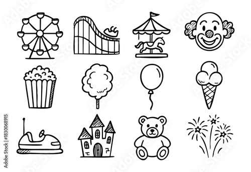 Hand-drawn doodle amusement park icons — ferris wheel, roller coaster, balloon, and clown — stock vector.