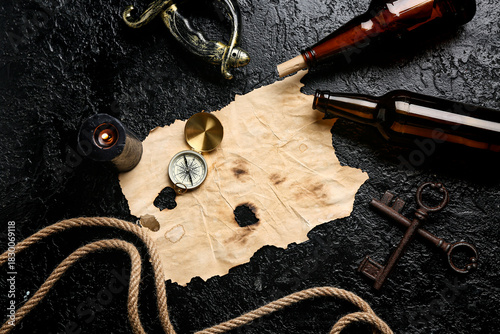 Paper with compass, old key...