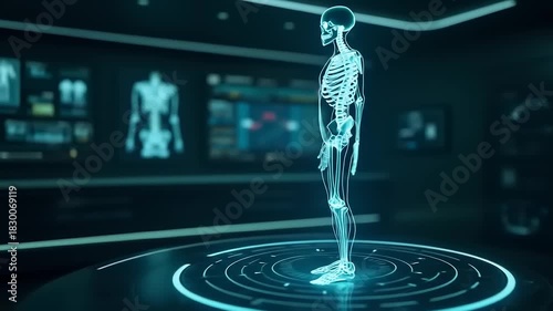 Hologram human skeleton in science lab.