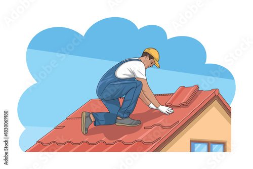Man in overalls repairing a red tiled roof under a cloudy blue sky day time