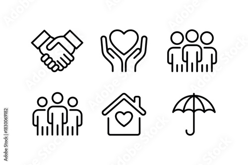 Illustration of handshake heart hands people house and umbrella icons in black