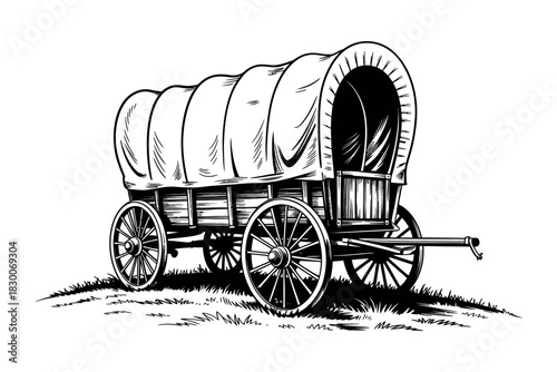 Illustration of a covered wagon on grass in black and white drawing style
