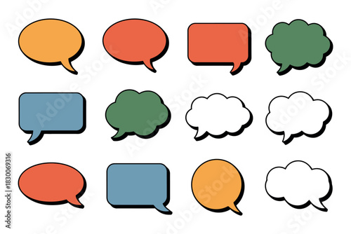 Illustration of twelve speech bubbles in various shapes and colors on white