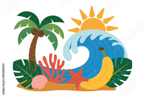 Illustration of a beach scene with a palm tree wave sun and sea life