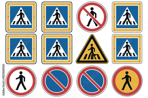 A collection of various pedestrian crossing and prohibition traffic signs