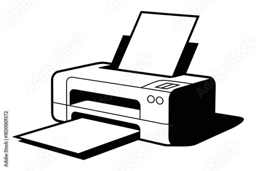 A black and white illustration of a printer with paper in the input tray