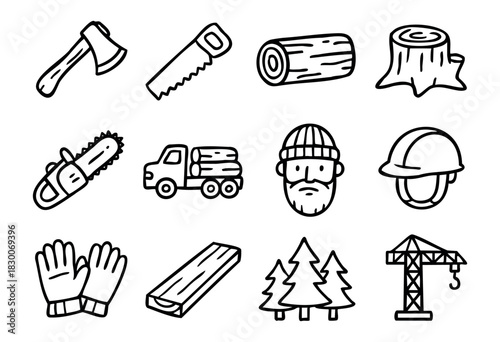 Hand-drawn doodle logging and forestry icons — saw, log, truck, and chainsaw — stock vector.
