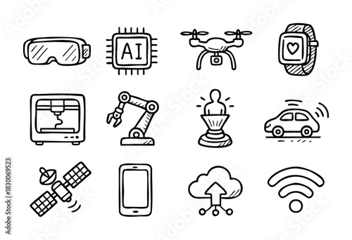 Hand-drawn doodle technology and innovation icons — AI chip, drone, and smartwatch — stock vector.