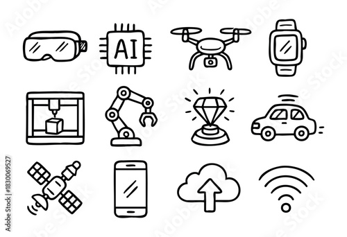 Hand-drawn doodle technology and innovation icons — AI chip, drone, and smartwatch — stock vector.