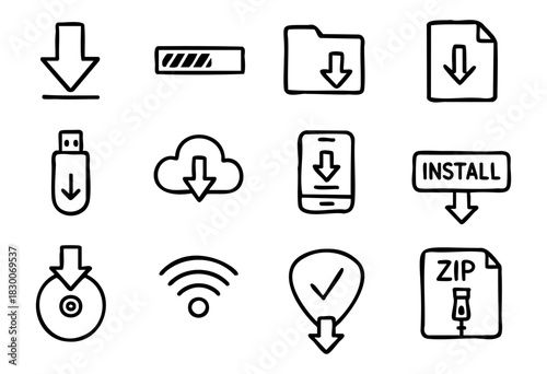 Hand-drawn doodle download and software icons — arrow, folder, and cloud — stock vector.