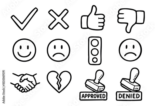Hand-drawn doodle decision and feedback icons — check mark, cross, thumbs up, and smile — stock vector