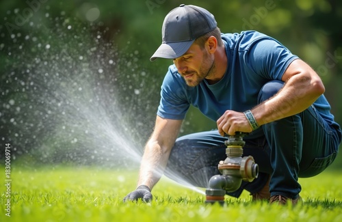 Plumber fixes sprinkler system on lawn. Man repairs irrigation system, checks water flow. He works on green grass lawn under sunlight in summer outdoors.