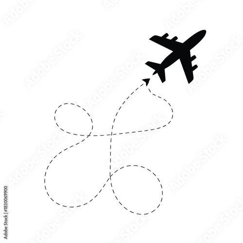 Silhouette of an airplane flying along a dotted flight path.