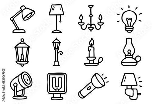Hand-drawn doodle lamp and lighting icons — desk lamp, chandelier, and candle — stock vector.