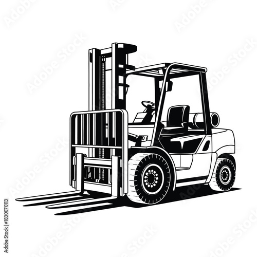 A black and white illustration of a forklift truck is ready for work.