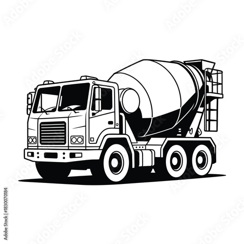 A black and white illustration of a cement mixer truck is ready for construction work.