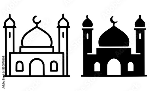 Icon, mosque illustration, black and white, outline and silhouette