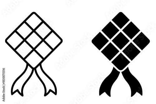 Icon, ketupat illustration (islamic diamond rice), black and white, outline and silhouette