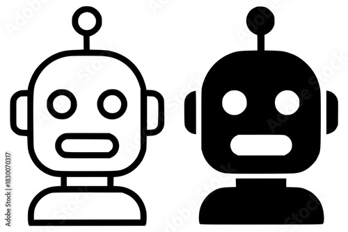 Icon, robot illustration, black and white, outline and silhouette