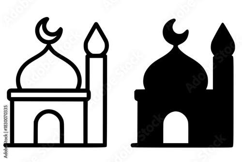 Icon, musholla (prayer room) illustration, black and white, outline and silhouette