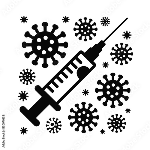 A syringe and virus particles are depicted in a black and white illustration.