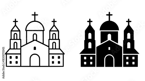 Icon, monastery (chruch) illustration, black and white, outline and silhouette
