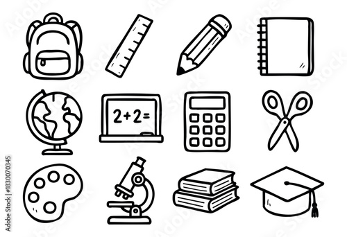 Hand-drawn doodle school and education icons — backpack, ruler, and globe — stock vector.