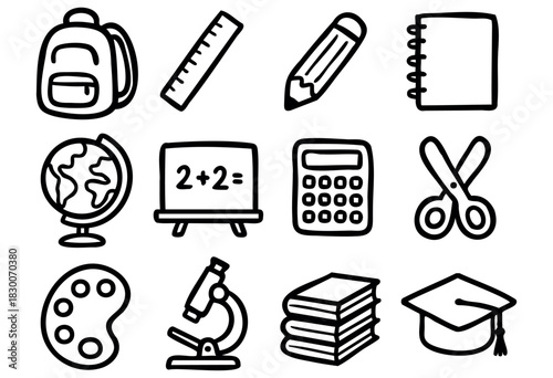 Hand-drawn doodle school and education icons — backpack, ruler, and globe — stock vector.