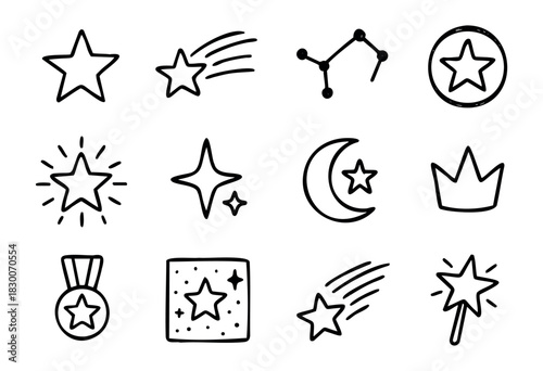 Hand-drawn doodle stars and cosmic icons — star, moon, and constellation — stock vector.