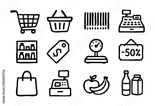 Hand-drawn doodle supermarket and shopping icons — cart, barcode, and cash register — stock vector.