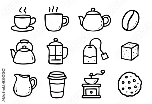 Hand-drawn doodle coffee and tea icons — cup, teapot, and beans — stock vector.