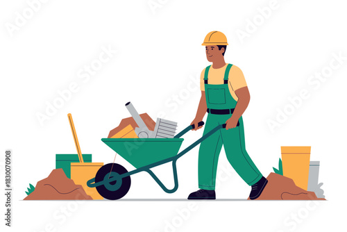 Man in overalls pushing a wheelbarrow filled with bricks and other materials