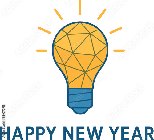 Digital web banner template for a Happy New Year featuring a futuristic polygonal 2023 numeral and a light bulb