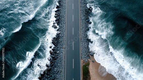 Fototapeta Naklejka Na Ścianę i Meble -  Top-down perspective of a scenic road along a stormy coastline, with dark clouds and frothy waves. 