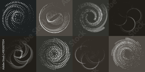 Circular spiral lines element set .Rotate textured vector shapes .Rotating dots form a circle .Rotating and linear design element . Various lines forming round shape . Abstract Geometric line art 