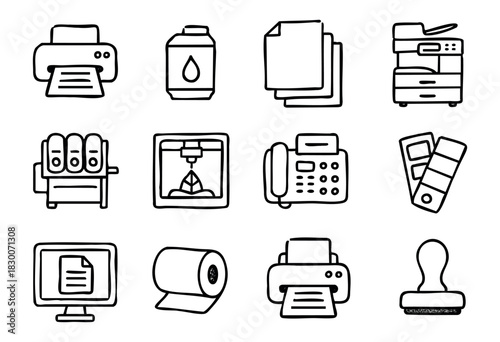 Hand-drawn doodle printing and office icons — printer, paper, and ink — stock vector.