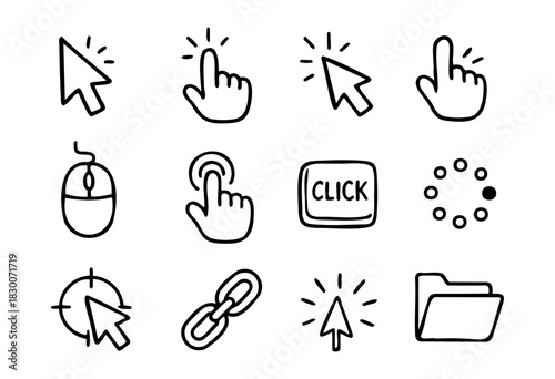 Hand-drawn doodle icons of cursors, clicks, and computer interaction — stock vector.