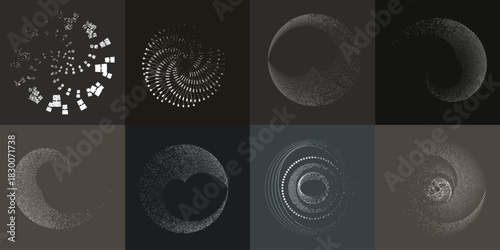 Circular spiral lines element set .Rotate textured vector shapes .Rotating dots form a circle .Rotating and linear design element . Various lines forming round shape . Abstract Geometric line art 
