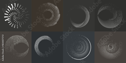 Circular spiral lines element set .Rotate textured vector shapes .Rotating dots form a circle .Rotating and linear design element . Various lines forming round shape . Abstract Geometric line art 