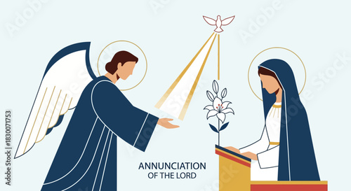 Elegant illustration of the Annunciation featuring Gabriel and Mary with soft light, perfect for religious education materials or holiday cards conveying peace and serenity