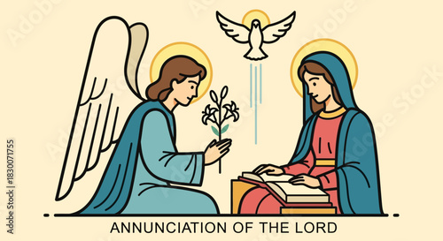 Angel brings joyful news to Mary, a celebration of faith and divine grace, illustrating the Annunciation of the Lord, perfect for religious publications and spiritual art