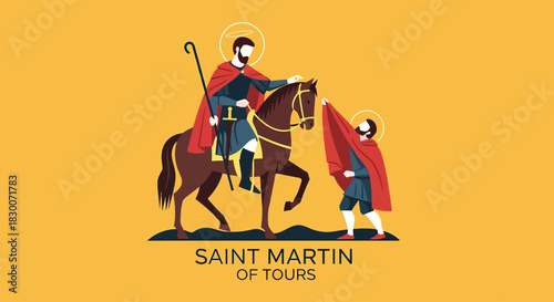 Saint Martin of Tours sharing cloak with beggar, a charitable act of kindness and compassion, symbol of generosity and humanitarianism in a religious context, honoring a beloved saint