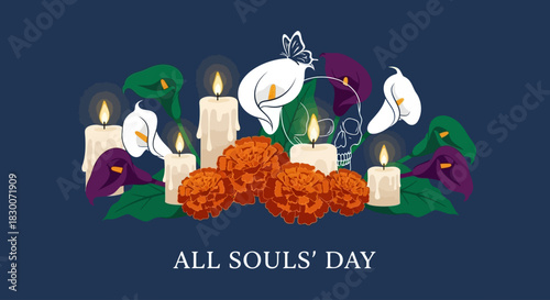 Vibrant All Souls' Day celebration with candles, marigolds, and calla lilies honoring loved ones, creating a warm and reflective atmosphere of remembrance and cultural tradition