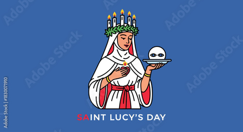 Celebrate Saint Lucy's Day with this vibrant illustration of a traditional Lucia bride holding candles and offering Lussekatter buns, perfect for holiday greetings and cultural events