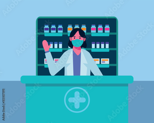 Pharmacist wearing a mask at a pharmacy counter in a modern medical drug store, clean flat vector design