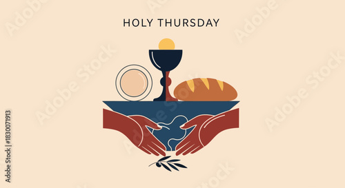 Remember Holy Thursday with this beautiful design featuring bread, wine, and an olive branch, perfect for church bulletins or religious social media posts