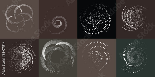 Circular spiral lines element set .Rotate textured vector shapes .Rotating dots form a circle .Rotating and linear design element . Various lines forming round shape . Abstract Geometric line art 