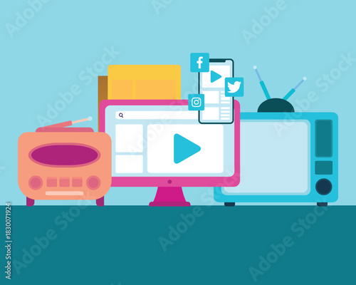 Omnichannel media strategy illustration featuring TV, radio, and social networks in modern flat marketing design